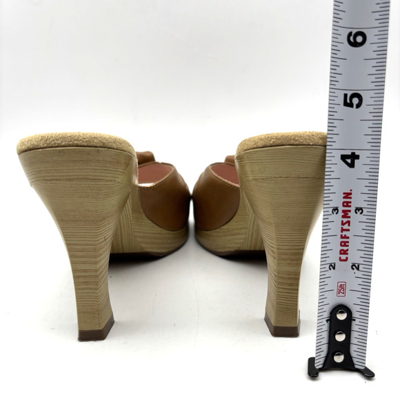 Vintage 00s Y2K Xhilaration Tan Faux Leather Wooden Block Heel Open Toe Pumps 8 - Picture 9 of 16